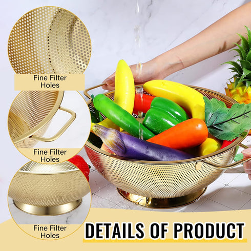 Norme 5 Quart Stainless Steel Gold Colander and 3 Pcs Gold Fine Mesh Strainer, Easy Clean and Dishwasher Safe
