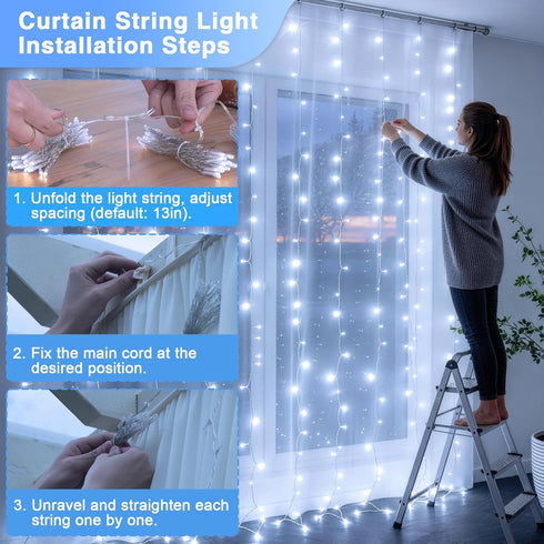 300 9.8x9.8Ft 8 JMEXSUSS LED Curtain Lights Indoor with Remote, White Christmas Lights Plug in, Modes White String