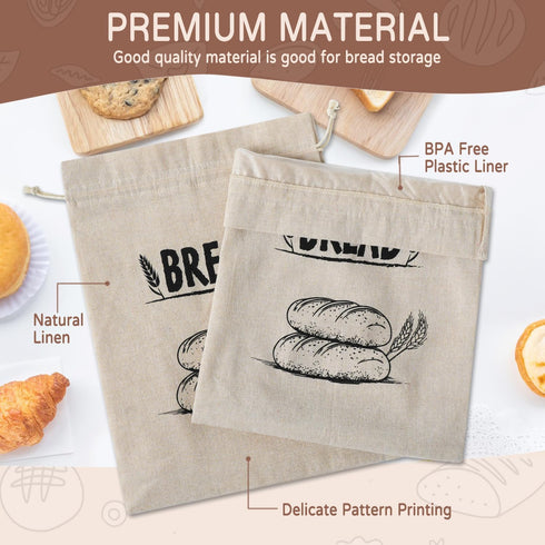 Bread Bags for Homemade Bread, Linen Bread Bag Storage, Reusable Sourdough Bread Bags with Plastic Liner, Drawstring