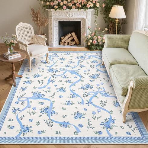 3x5 GarveeHome Floral Bow Rugs for Bedroom Girls, Rug for Living Room with Soft Low Pile, Blue and White Washable Area