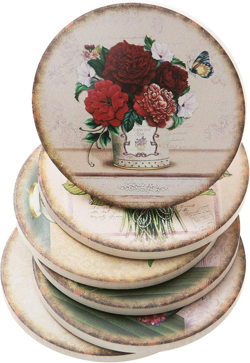 Regal Robin Set 4 Inch Set 6 Absorbent Ceramic Rustic Coasters for Drinks Drink Coaster - Cute Novelty Coasters