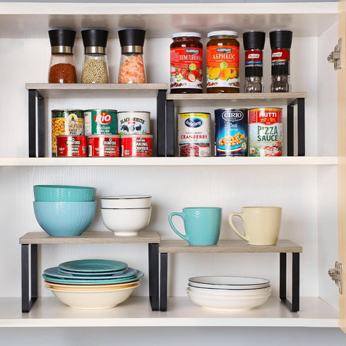 NEX Kitchen Cabinet and Counter Shelf Organizer, Set of 4, Stackable & Expandable, Black and Greige