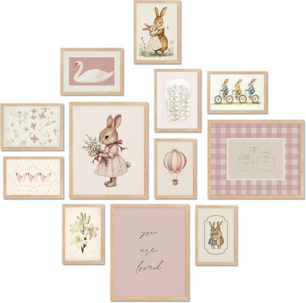 TwoDays Vintage Nursery Decor for Baby Girls, Pink Rabbit Bunny Wall Art
