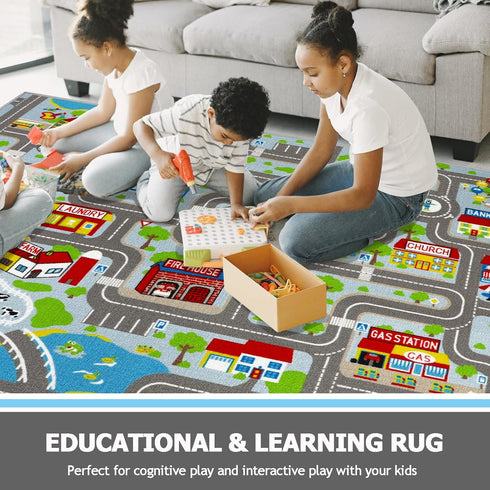 Decor,6.6'x5' Capslpad Sky Blue Car Road Kid Rug Carpet Playmat for Playoom Traffic Road Kids Play Mat for Toddler Non