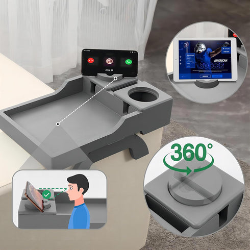 Couch Cup Holder, 4-in-1 Side Couch Arm Tray with Phone Holder, Sofa Clip on Side Table for Home Drinks and Snacks