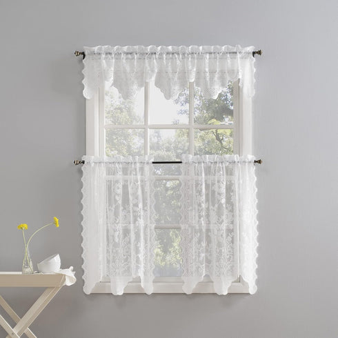 No. 918 Alison Floral Lace Sheer Rod Pocket Kitchen Curtain Tier Pair - 58" x 36", White
