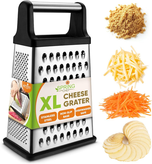 Spring Chef Professional Cheese Grater, XL Size, 4 Sides, Stainless Steel, Dishwasher Safe, Black