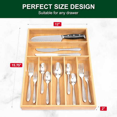 Bellsal 12.5 Inch Natural Utensil Organizer for Drawer, Bamboo Cutlery Holder with 7 Compartments