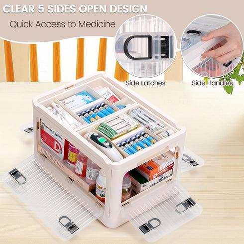 24 QT Medicine Organizer Storage Box with Removable Tray, Extra Large Collapsible First Aid Box Empty, Clear Medicine