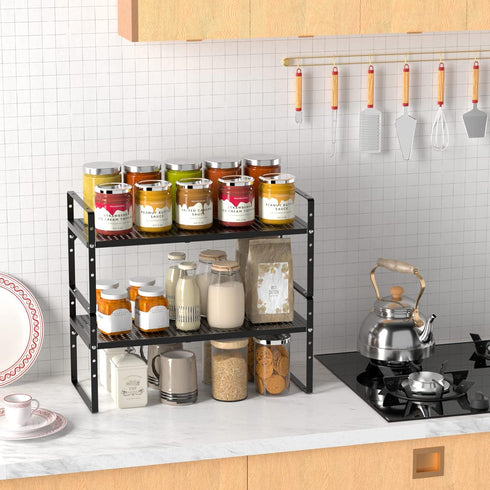 iPEGTOP Large Expandable Cabinet Storage Shelf Organizer Rack - Heavy Duty Stackable Steel Metal Spice Rack, Black - 1