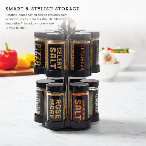 12 Countertop 5 Kamenstein Jar Madison Revolving Spice Rack with Spices Included, FREE Spice Refills for years, Black