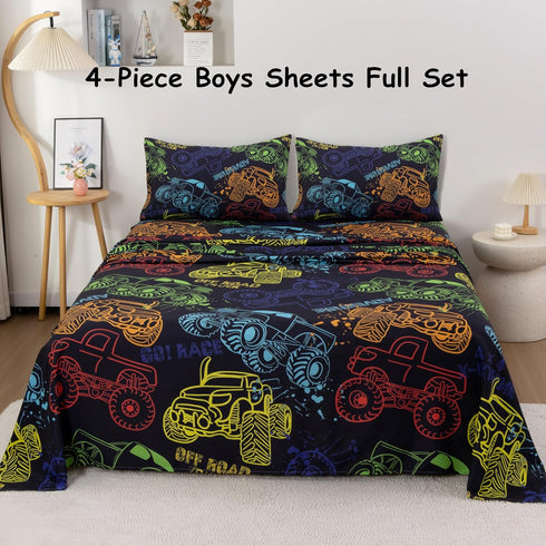 URLINENS 4 Set Sheet-1 1 2 Boys Sheets Full Size Piece, Hand Drawn Cars Sheet for Kids Teens, Watercolor Off Road Truck