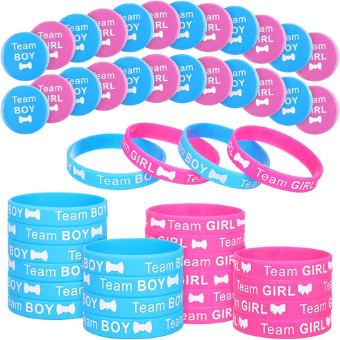 WILLBOND 72 Pcs Gender Reveal Decorations - 36 Team Boy or Girl Pins & 36 Bracelets for Baby Shower Games