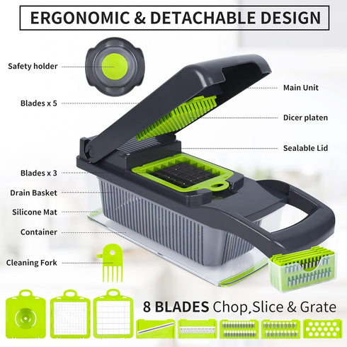Vegetable Chopper, Onion Chopper, Pro 10 in 1 Multifunctional Slicer, Adjustable Vegetable Cutter with Container (Grey)
