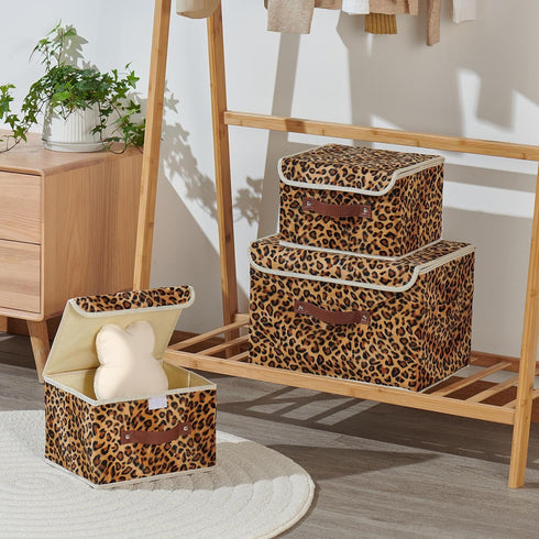 Storage Bin with Lid - Leopard Print Cute Velvet Fabric Basket Box with Faux Leather Handles, Foldable Organizer (Small