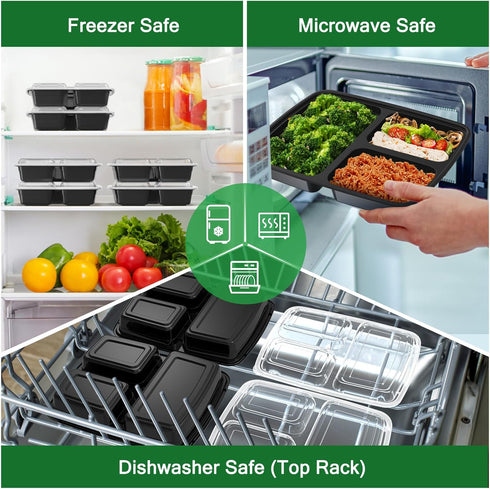 50 Pack (100-Piece) 32 oz 3-Compartment, Meal Prep Containers Reusable with Lids To Go Take Out Plastic Food Storage