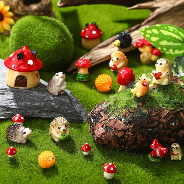 Woanger 30 Pcs Miniature Fairy Garden Accessories, Tiny Resin Hedgehog Mushroom Figurines for House Terrarium Decor
