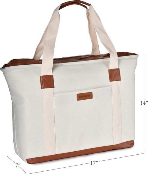 Insulated Grocery Bag with Zippered Top - Thermal Reusable Canvas Shopping Tote for Groceries - Leakproof Cooler Bags