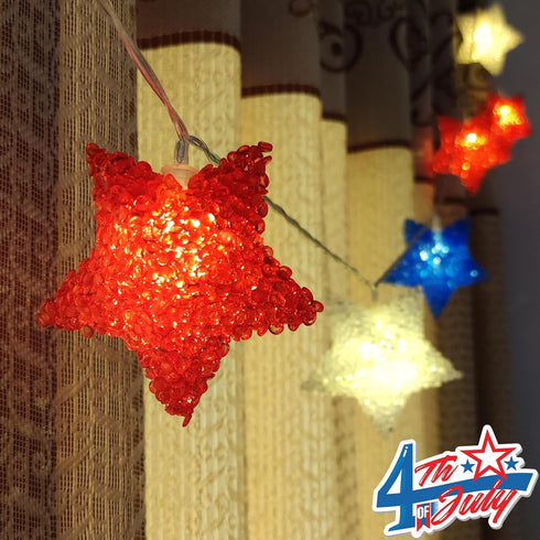 Red White Blue Star Lights, 6.8Ft 4th of July Decorations, Battery Operated LED String Lights