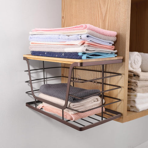 2 Pack 4-13 ALOCEO Stackable Wire Storage Basket with Bamboo Lip, Trash Bag Dispenser Under Sink for Gal Bags, Kitchen