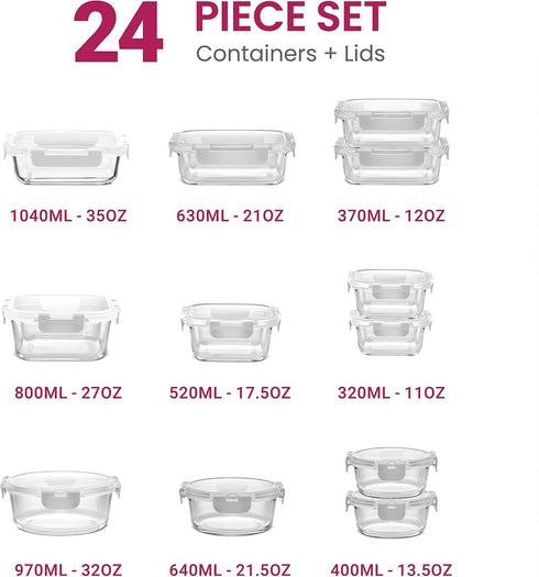 FineDine 24 Piece Glass Storage Containers with Lids - Leak Proof, Dishwasher Safe for Meal Prep or Leftovers, White