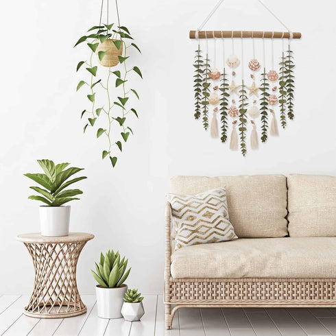 Bathroom Wall Decor Artificial Eucalyptus Boho Bedroom Decor Fake Eucalyptus Plants Leaves with Seashell on Stick