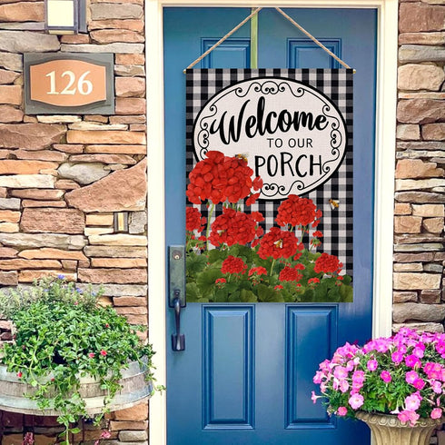 Welcome to Our Porch Geranium Spring Summer House Flag, 28x40, Black White Buffalo Plaid Check Garden Decoration