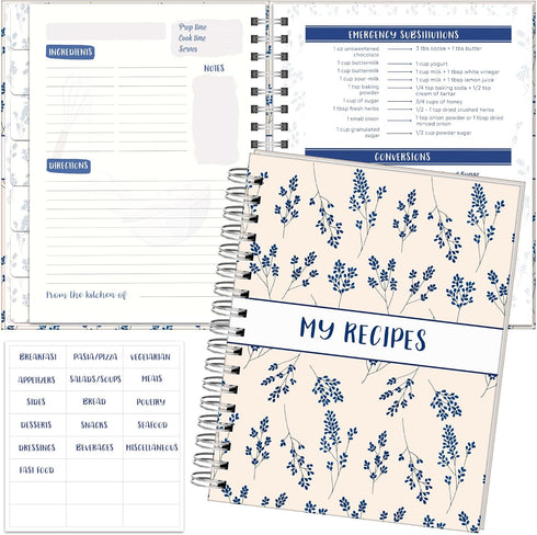 Recipe NoteBook to Write in Your Own Recipes, 7" x 9" Hardcover Notebook with 200 Recipe Template Pages (100 sheets), 8 Movable Dividers Tabs, and 24 Category Stickers for Organized Recipes' Cookbook