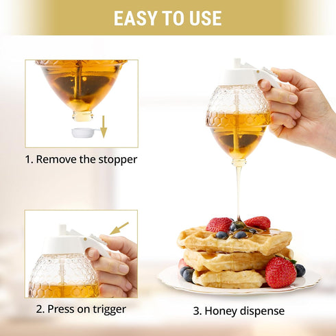 8 oz PAULSWAY Not Chromed Glass Honey Dispenser, Food-Grade ABS White Lid No Drip Glass with Stand Honey Jar Honeycomb