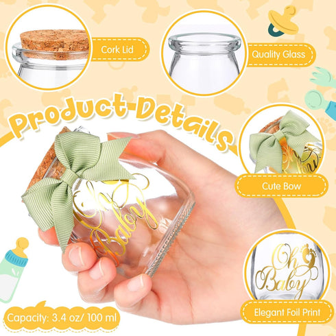 Funnymoom 24 Sets 100 ml Baby Shower Bottles Favors for Guests Glass Milk Jar with Ribbons and Stickers Decorations