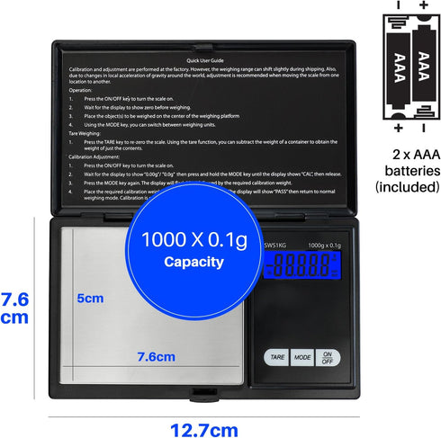 Smart Weigh Digital Pocket Gram Scale, 1000g x 0.1 Grams, Black, Battery Included