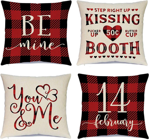 Ueerdand Set of 4 Valentines Day Pillow Covers, 20x20 inch Red Black Buffalo Check Decorative Cushion Cases