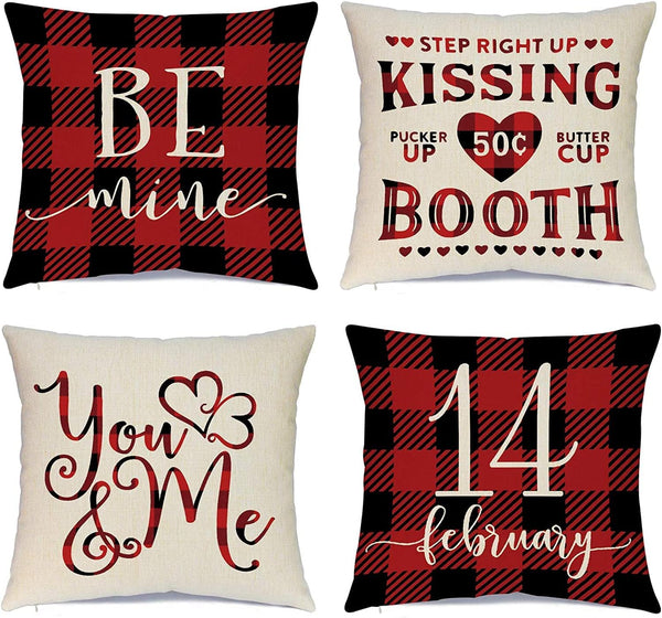 Ueerdand Set of 4 Valentines Day Pillow Covers, 20x20 inch Red Black Buffalo Check Decorative Cushion Cases
