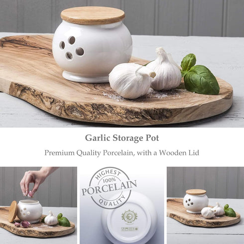 WM Bartleet & Sons 1750 Traditional Porcelain Garlic Storage Pot, 10cm, Wooden Lid, White, One Size