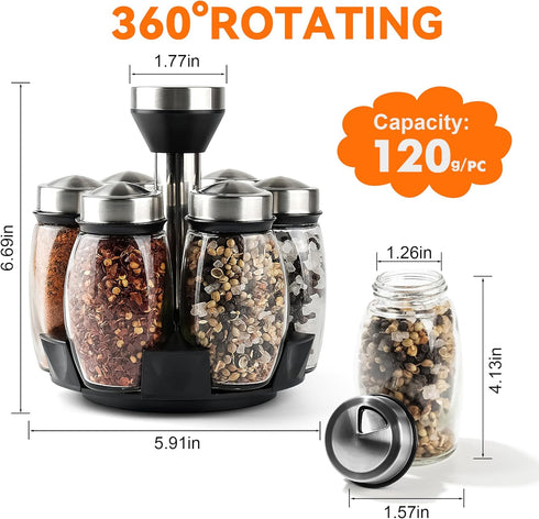 Mlici 6PC Spinning Glass Spice Jars, 360° Rotating Spice Rack Organizer with Stainless Steel Holder for Kitchen