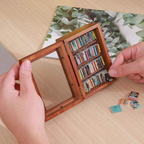 CLVTREBETO 100pcs Anxiety Mini Bookshelf with Miniature Books | Shake Away Your Anxiety Mini Wood Rustic Book Library |