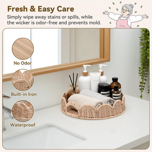 Counter, GRANNY SAYS Wicker Decorative Scalloped Trays for Home Decor, Coffee Table Trays with Handles, Woven Rattan