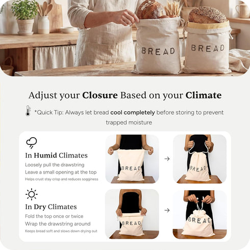 Set 2 1 Leafico Bread Bag Cotton Loaf Bags + Baguette Bag with Beeswax Liner Reusable Storage for Sourdough, Crusty