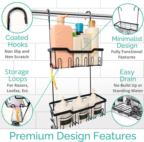 Black Shower Caddy Hanging, Rust-Proof 304 Stainless Steel with Rotatable Hooks for Bathroom Essentials