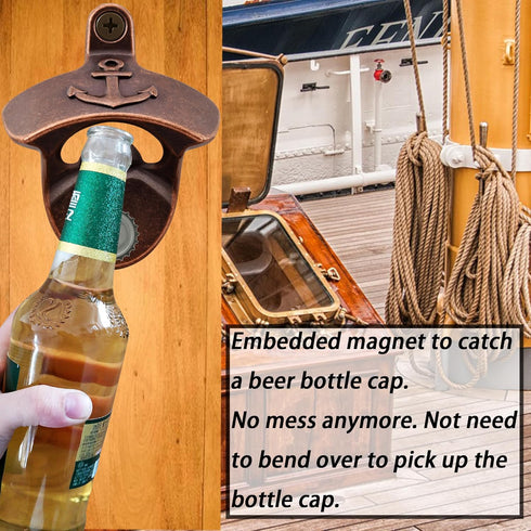 Nautical Wall Mounted Bottle Opener with Magnets, Antique Copper Magnetic Anchor Beer Cap Opener (Pack of 3)