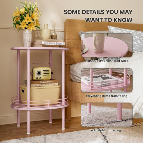Storage,2-Tier (1PC,Pink) Small Modern Oval Side Table with Side Tables Living Room,Sturdy Nightstand for Small Space