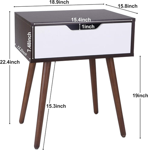 SUPER DEAL Mid-Century End Table Modern Side Table with Drawer Small Table with Wooden Legs, Sliding Drawer and Smiley
