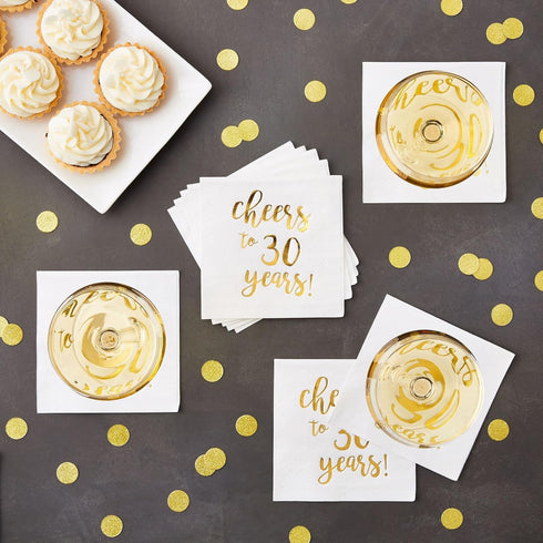 Juvale Cheers to 30 Years Cocktail Napkins, 5 x 5 In, 3-Ply White & Gold Foil, 50 Pack