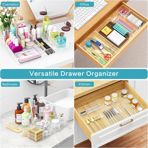 Drawer Organizers Set of 80, Clear Plastic Storage Bins in 4 Sizes for Kitchen, Bathroom, Office, Dresser, Jewelry,