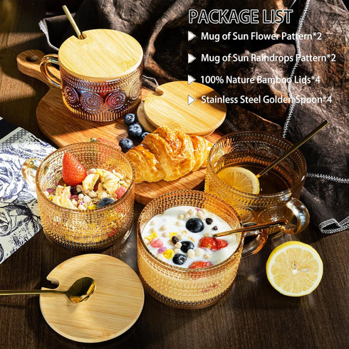 4pcs 14oz Set Ollieroo Coffee Cups,Vintage Coffee Mugs, Overnight Oats Containers with Lids and Spoons, Coffee Glasses