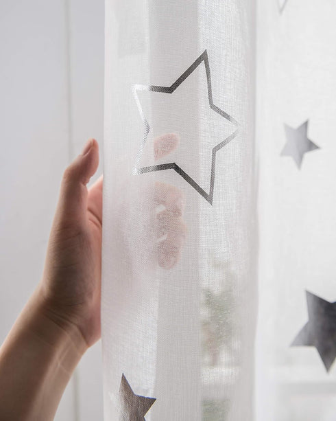 Grommet 84 Inch Set 2 Twinkle Moon Curtains Sheer Silver for Baby Nursey Room - Star and Moon Lace Curtains for Living