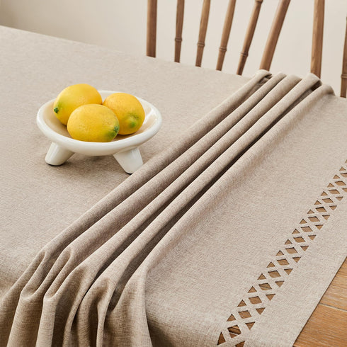 55 87 Inchs, Farmhouse Linen Textured Tablecloth Lattice Cutwork Waterproof & Stain Resistant Table Cloth Rectangle