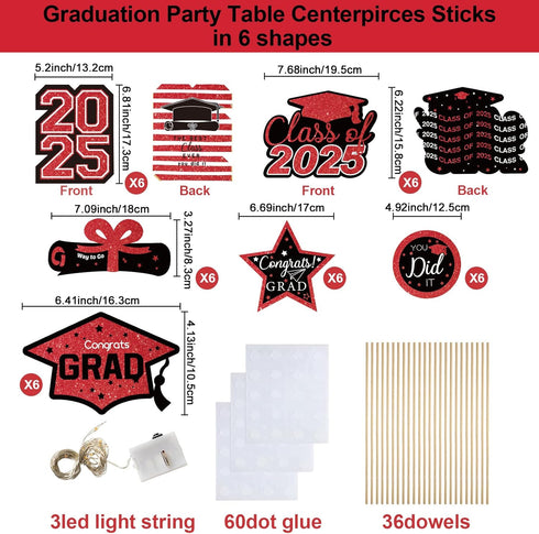 Graduation Decorations Class of 2025 - 36pcs Red and Black Table Centerpieces Sticks with Lights for Grad Party Supplies