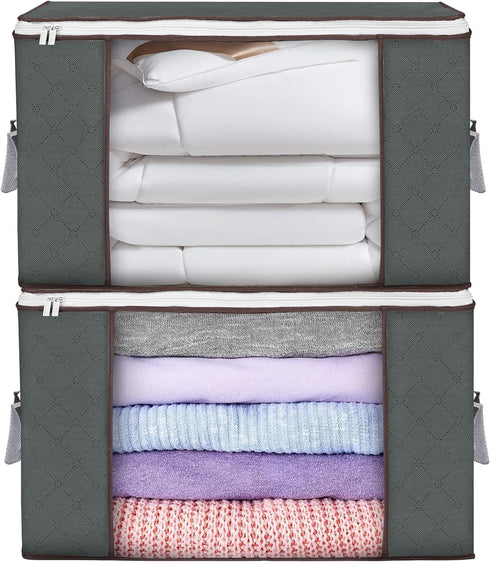 Large Storage Bags 2 Pack - Foldable Closet Organizers with Durable Handles for Blanket Comforter Clothing 90 L