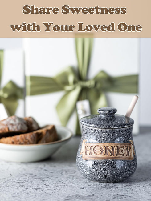 12oz Honey Jar, Honey Pot, Honey Dispenser Grey Ceramic Honey Jar with Wood Dipper & Lid Multi-Use for Fruit Syrup/Jam